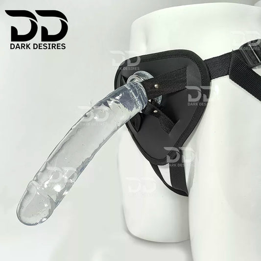 crystal clear Premium strap-on dildo made from soft, elastic jelly, with fine detailing along the shaft. It is 9 inches long with an 8 inch insertable length and a 5.5 inch girth, so it is a fuller,buy strapon dildo online in India with the harness included, this set gives you the dildo and an elastic adjustable harness Belt at DarkDesires