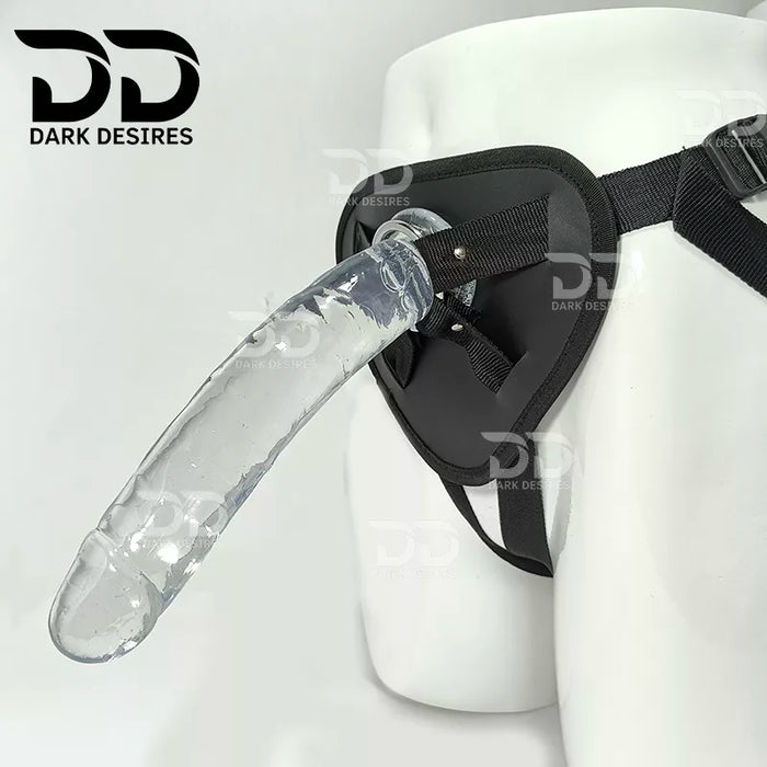 crystal clear Premium strap-on dildo made from soft, elastic jelly, with fine detailing along the shaft. It is 9 inches long with an 8 inch insertable length and a 5.5 inch girth, so it is a fuller,buy strapon dildo online in India with the harness included, this set gives you the dildo and an elastic adjustable harness Belt at DarkDesires