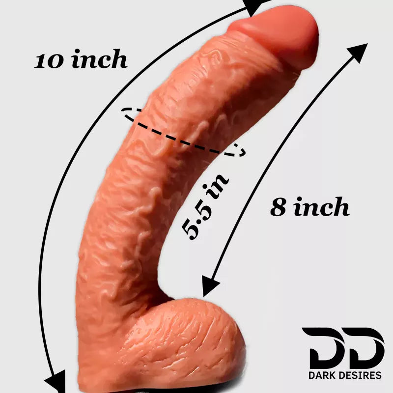  product shown dimension arrows 10 inch total length, 5.5 inch shaft circumference, and 8 inch insertable length realistic textured dildo with a black harness-style strap, 10-inch curved Extra Thick strap-on dildo with suction cup and adjustable harness for G-spot, vaginal and anal play Black faux harness leather belt Sex Toys for Women in Mumbai India by DarkDesires