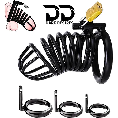 Metal Male Chastity Cage with Padlock 3 Adjustable Ring Sizes black stainless steel India by DarkDesires