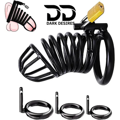 Metal Male Chastity Cage with Padlock 3 Adjustable Ring Sizes black stainless steel India by DarkDesires