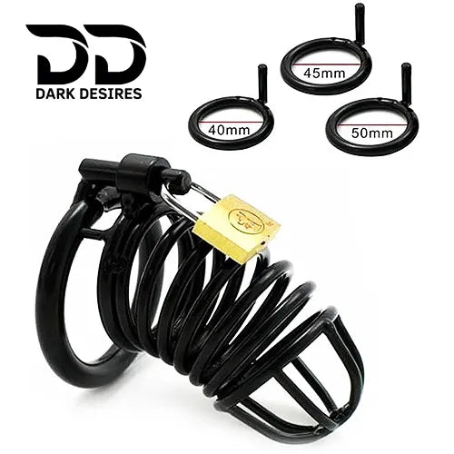 Metal Male Chastity Cage with Padlock 3 Adjustable Ring Sizes black stainless steel India by DarkDesires