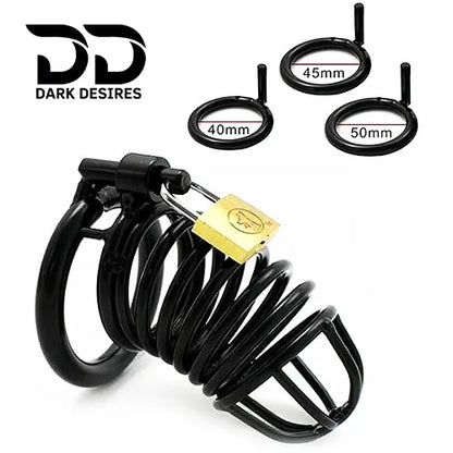 Metal Male Chastity Cage with Padlock 3 Adjustable Ring Sizes black stainless steel India by DarkDesires