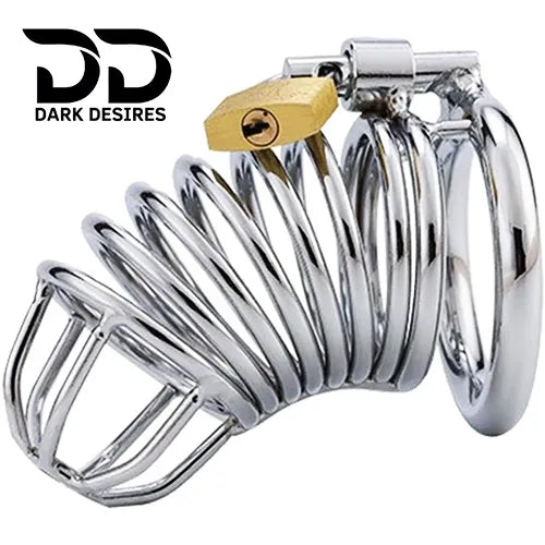 Metal Male Chastity Cage with Padlock 3 Adjustable Ring Sizes stainless steel color India by DarkDesires