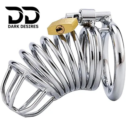 Metal Male Chastity Cage with Padlock 3 Adjustable Ring Sizes stainless steel color India by DarkDesires