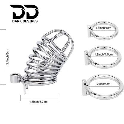 Metal Male Chastity Cage with Padlock 3 Adjustable Ring Sizes stainless steel color India by DarkDesires