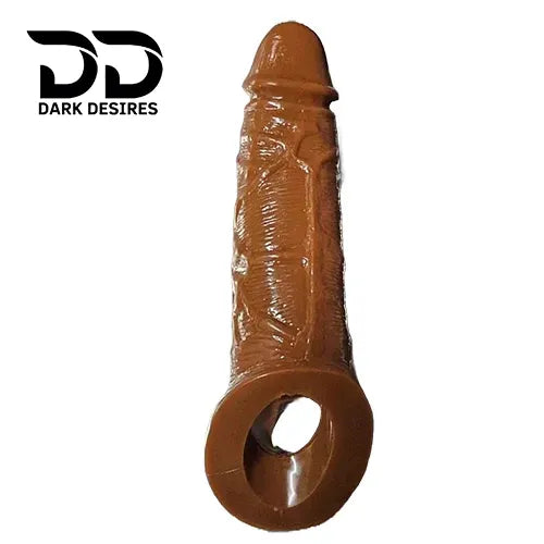 8 inch penis silicone girth enhancer sleeve with ball strap Brown Color India by DarkDesires