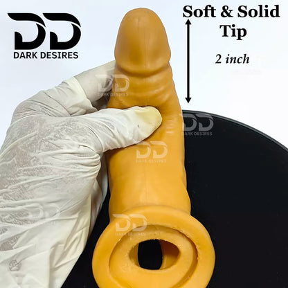 Show Soft & solid Tip length 2 inch 7 inch double hole penis sleeve Beige color Silicon girth extender penis sleeve India cock sleeve india by DarkDesires penis sleeve in India