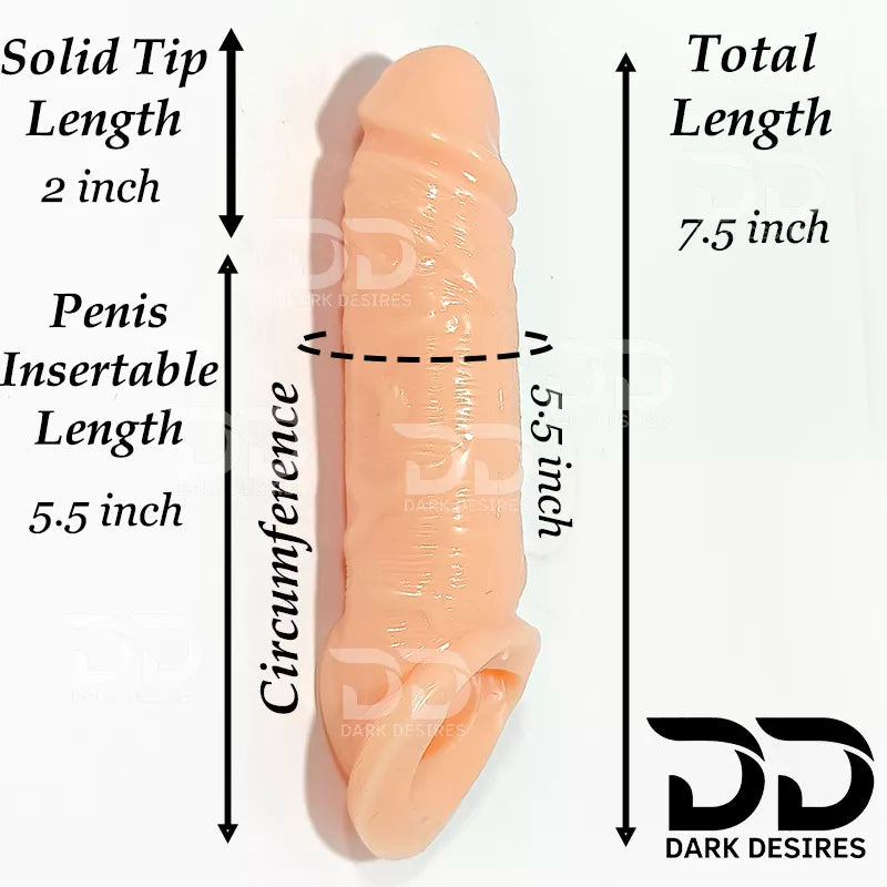 Total length 7.5 inch, solid tip 2 inch, penis insertable length 5.5 inch, circumference of the penis sleeve is 5.5 inch. 8 inch double hole penis sleeve flesh tone color Silicon girth extender penis sleeve India cock sleeve india by DarkDesires penis sleeve in India