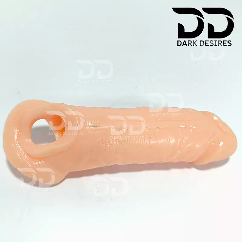 back side angle 8 inch double hole penis sleeve flesh tone color Silicon girth extender penis sleeve India cock sleeve india by DarkDesires penis sleeve in India