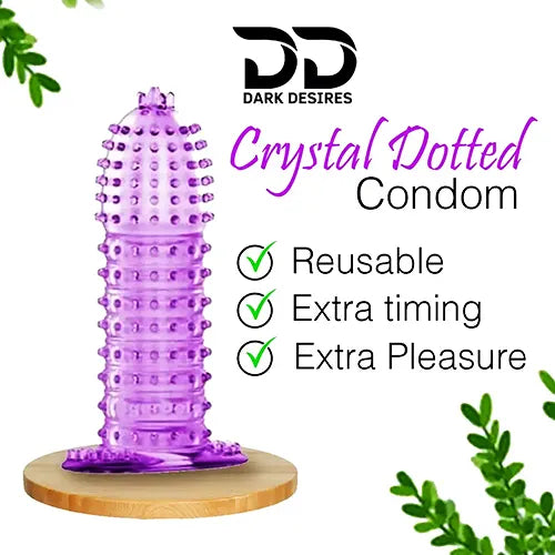 Pink crystal condom made from soft, skin-friendly silicone. Washable, reusable, and extra dotted for enhanced pleasure. Dark Desires