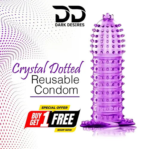 Pink crystal condom made from soft, skin-friendly silicone. Washable, reusable, and extra dotted for enhanced pleasure. Dark Desires