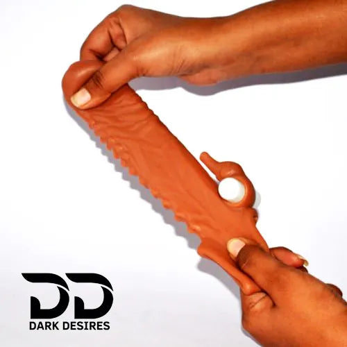 7 inch double hole vibrating penis sleeve studman vibrating dragon condom brown India by DarkDesires