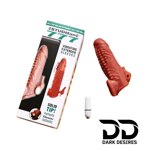 7 inch double hole vibrating penis sleeve studman vibrating dragon condom brown India by DarkDesires