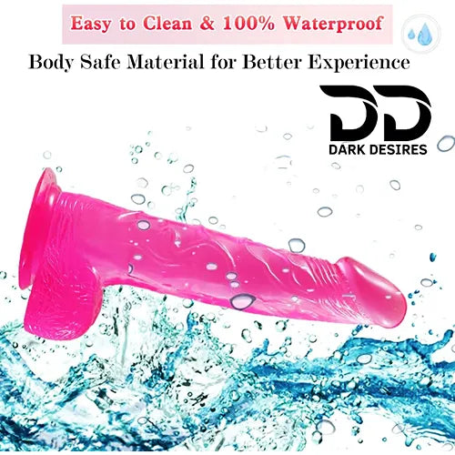 Pink color Jelly Strap-On Dildo with balls 8 Inch premium adjustable belt in India by DarkDesires