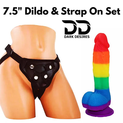 8 Inch Flexible Strap-On Rainbow Dildo with Balls - Dark Desires