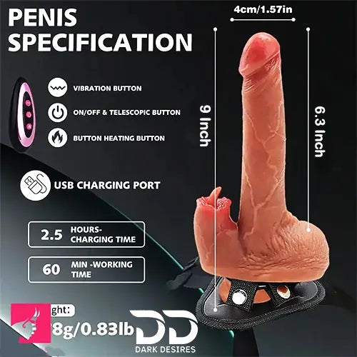 Automatic Thrusting Heated Vibrating Dildo with Licking Tongue 9 inch Strap-on dildo skin tone India by DarkDesires