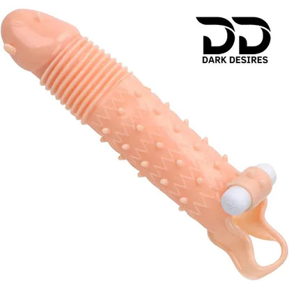 8 inch single hole vibrating penis sleeve ribbed dotted silicone dragon condom flesh color India by DarkDesires