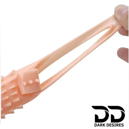 8 inch single hole vibrating penis sleeve ribbed dotted silicone dragon condom flesh color India by DarkDesires