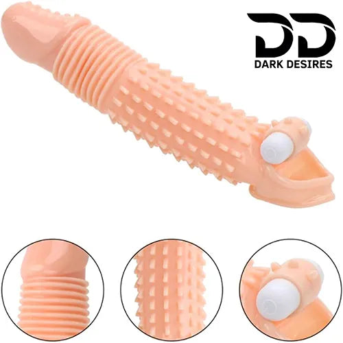 8 inch single hole vibrating penis sleeve ribbed dotted silicone dragon condom flesh color India by DarkDesires