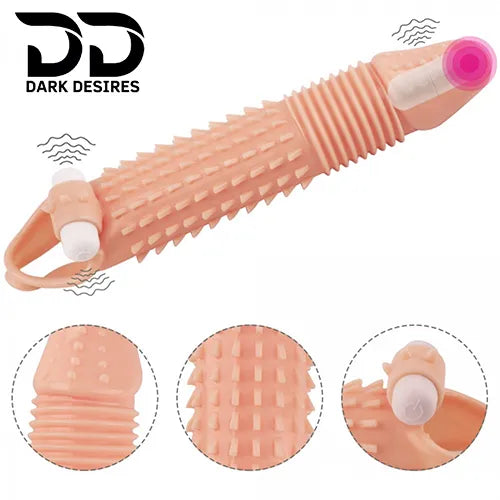 8 inch single hole vibrating penis sleeve ribbed dotted silicone dragon condom flesh color India by DarkDesires