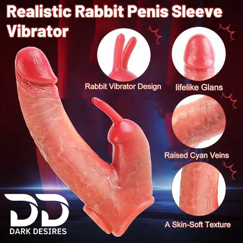 8 inch double hole vibrating penis sleeve rabbit ear vibrating dual motor silicon Dragon Condom Skin Tone India by DarkDesires
