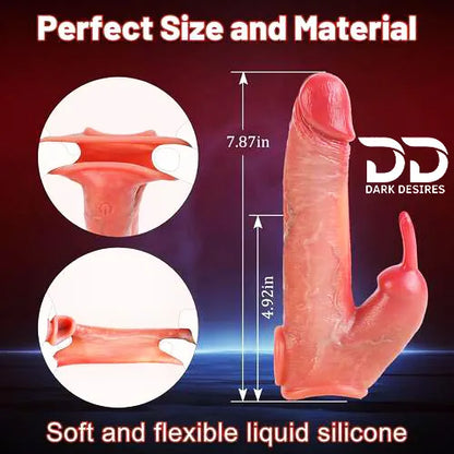 8 inch double hole vibrating penis sleeve rabbit ear vibrating dual motor silicon Dragon Condom Skin Tone India by DarkDesires