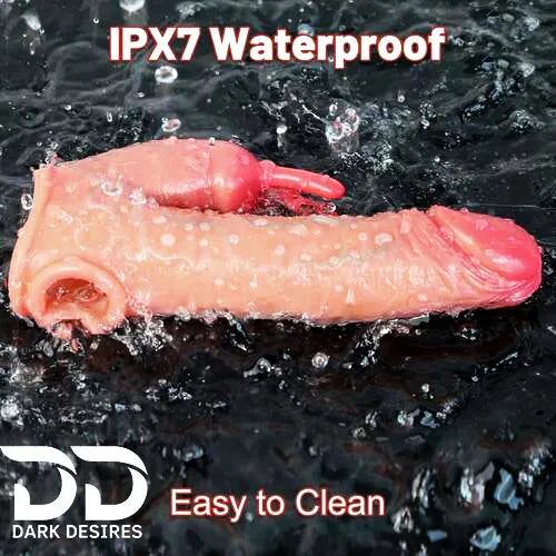 8 inch double hole vibrating penis sleeve rabbit ear vibrating dual motor silicon Dragon Condom Skin Tone India by DarkDesires