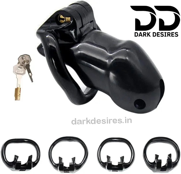 Black chastity device with keys and additional rings on a white background, branded 'Dark Desires'.