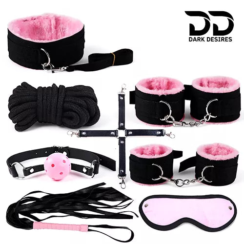 8 piece BDSM bondage kit perfect for couple mix black and pink color, hand cuffs, ankle cuffs, blindfold, mouth ball gag, whip, collar leash, rope, cross belt. 