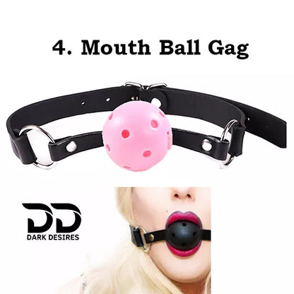 8 piece BDSM bondage kit perfect for couple mix black and pink color, mouth ball gag with black belt.
