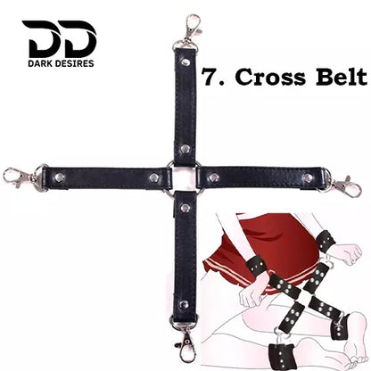8 piece BDSM bondage kit perfect for couple mix black and pink color, cross belt. 
