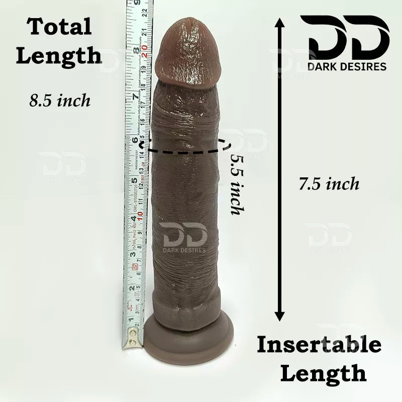 A brown realistic dildo shown upright with measurement labels total length 8.5 inch, insertable length 7, 8 inch black realistic dildo with strong suction cup without balls for G-spot, vaginal and anal play brown color buy dildo online in India by DarkDesires