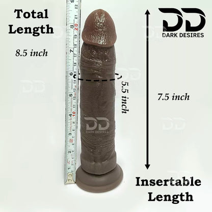 A brown realistic dildo shown upright with measurement labels total length 8.5 inch, insertable length 7, 8 inch black realistic dildo with strong suction cup without balls for G-spot, vaginal and anal play brown color buy dildo online in India by DarkDesires