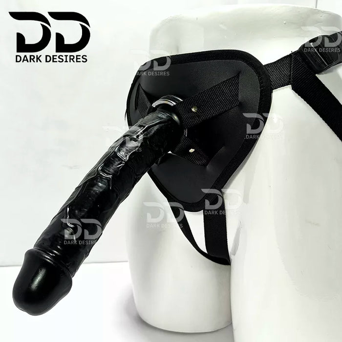 Black harness-style restraint device  9 inch realistic premium strapon dildo with adjustable harness kit for  for pegging . Lifelike veins, black tone, soft glans.  Black faux leather belt Sex Toys for Women in Mumbai India by DarkDesires