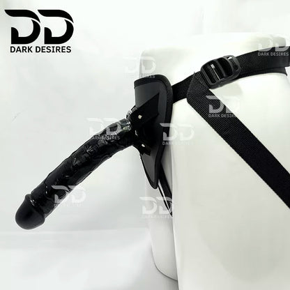 Black dildo with a textured shaft and  9 inch realistic premium strapon dildo with adjustable harness kit for  for pegging . Lifelike veins, black tone, soft glans.  Black faux leather belt Sex Toys for Women in Mumbai India by DarkDesires