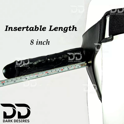 Black adjustable strap insertable sleeve shown with a measuring tape to indicate an 8-inch length,  'Insertable Length 8 inch' 9 inch realistic strapon dildo with adjustable harness kit for  for pegging . Lifelike veins, black tone, soft glans.  Black faux leather belt Sex Toys for Women in Mumbai India by DarkDesires