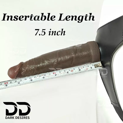 A realistic brown-toned dildo with a black harness-style base Black faux leather harness with an adjustable strap and a brown tone realistic dildo displayed 8 inch realistic strapon dildo with adjustable harness kit with balls for pegging . Lifelike veins, brown tone, soft glans.  Black faux leather belt Sex Toys for Women in Mumbai India by DarkDesires