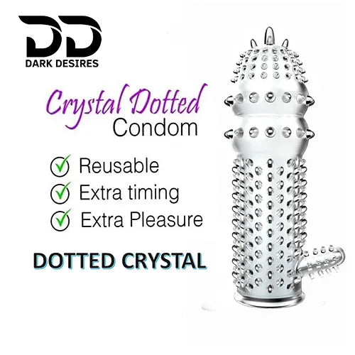 Clear crystal condom made from soft, skin-friendly silicone. Washable, reusable, and extra dotted for enhanced pleasure. Dark Desires
