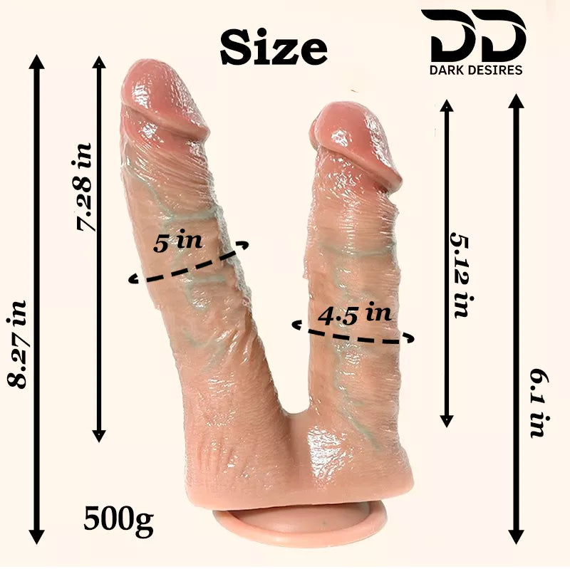 size information total length 8.27 inch large , small 6.1 inch, penis insertable length large 7.28 inch, small penis insertabl;e length 5.12 inch , shaft circumference 5 , 4.5 inch. product weigth 500g 8-inch double head dildo skin tone designed for simultaneous G-spot, vaginal, and anal stimulation, making it a favourite among those exploring double penetration for the first time. Buy Dildo online in India by DarkDesires 