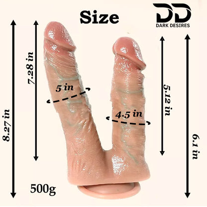 size information total length 8.27 inch large , small 6.1 inch, penis insertable length large 7.28 inch, small penis insertabl;e length 5.12 inch , shaft circumference 5 , 4.5 inch. product weigth 500g 8-inch double head dildo skin tone designed for simultaneous G-spot, vaginal, and anal stimulation, making it a favourite among those exploring double penetration for the first time. Buy Dildo online in India by DarkDesires 