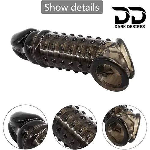 dotted double hole penis sleeve india cock sleeve with dragon condom Reusable, stretchy, and comfortable for enhanced performance black color DarkDesires