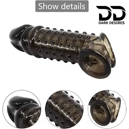 dotted double hole penis sleeve india cock sleeve with dragon condom Reusable, stretchy, and comfortable for enhanced performance black color DarkDesires