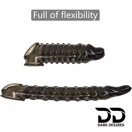 dotted double hole penis sleeve india cock sleeve with dragon condom Reusable, stretchy, and comfortable for enhanced performance black color DarkDesires