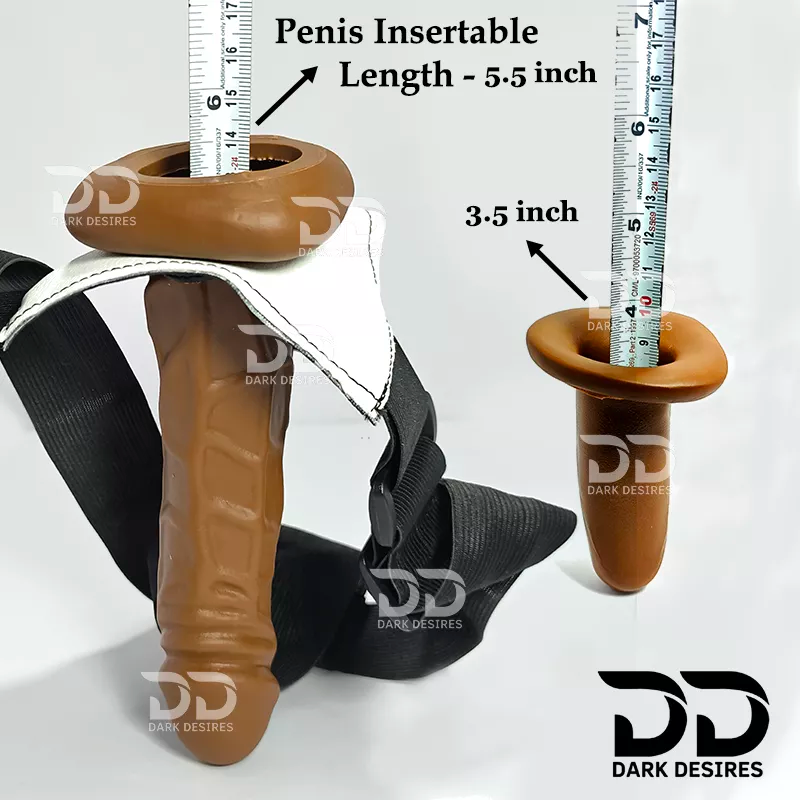 hollow starpon dildo show size information penis  insertable length 5.5 inch hollow strap-on  dildo penis sleeve extender. Adds girth and length, works pre and post-erection, harness compatible dark chocolate brown color Buy Hollow Strapon dildo in India byDarkdesires
