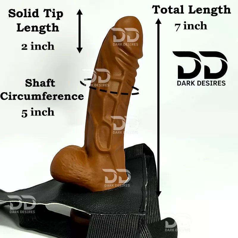 Size information total length 7 inch, solid tip length 2 inch, shaft circumference 5 inch hollow strap-on  dildo penis sleeve extender. Adds girth and length, works pre and post-erection, harness compatible dark chocolate brown color Buy Hollow Strapon dildo in India byDarkDesires