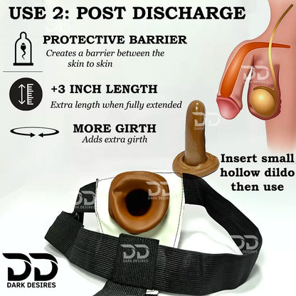 Show use in post discharge hollow starpon dildo first insert small dildo and then use hollow strap-on  dildo penis sleeve extender. Adds girth and length, works pre and post-erection, harness compatible dark chocolate brown color Buy Hollow Strapon dildo in India byDarkDesires