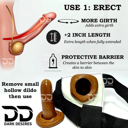 use in erection mode in hollow starpon dildo add girth, 2 inch extra length hollow strap-on  dildo penis sleeve extender. Adds girth and length, works pre and post-erection, harness compatible dark chocolate brown color Buy Hollow Strapon dildo in India byDarkDesires