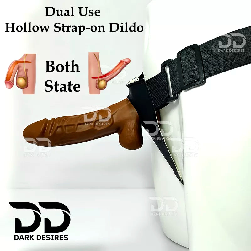 Dual use hollow strap on dildo in erection and post discharge mode hollow strap-on  dildo penis sleeve extender. Adds girth and length, works pre and post-erection, harness compatible dark chocolate brown color Buy Hollow Strapon dildo in India byDarkDesires
