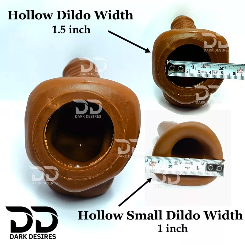size information show width of hollow dildo 1.5 inch and 1 inch in small dildo hollow strap-on  dildo penis sleeve extender. Adds girth and length, works pre and post-erection, harness compatible dark chocolate brown color Buy Hollow Strapon dildo in India byDarkDesires